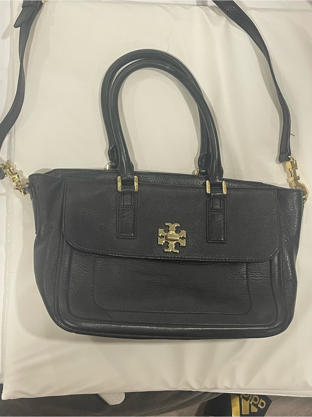 Tory Burch Black Leather Satchel Mercer with Gold Logo Turnlock
